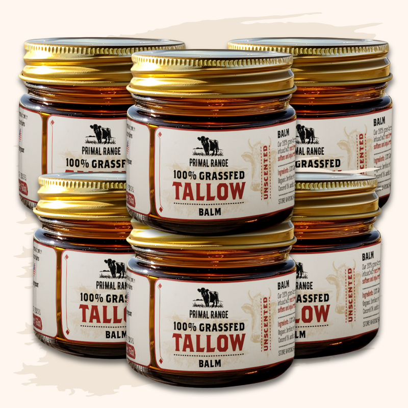 Six jars of Primal Range 100% Grassfed Tallow Balm, unscented, with golden lids.