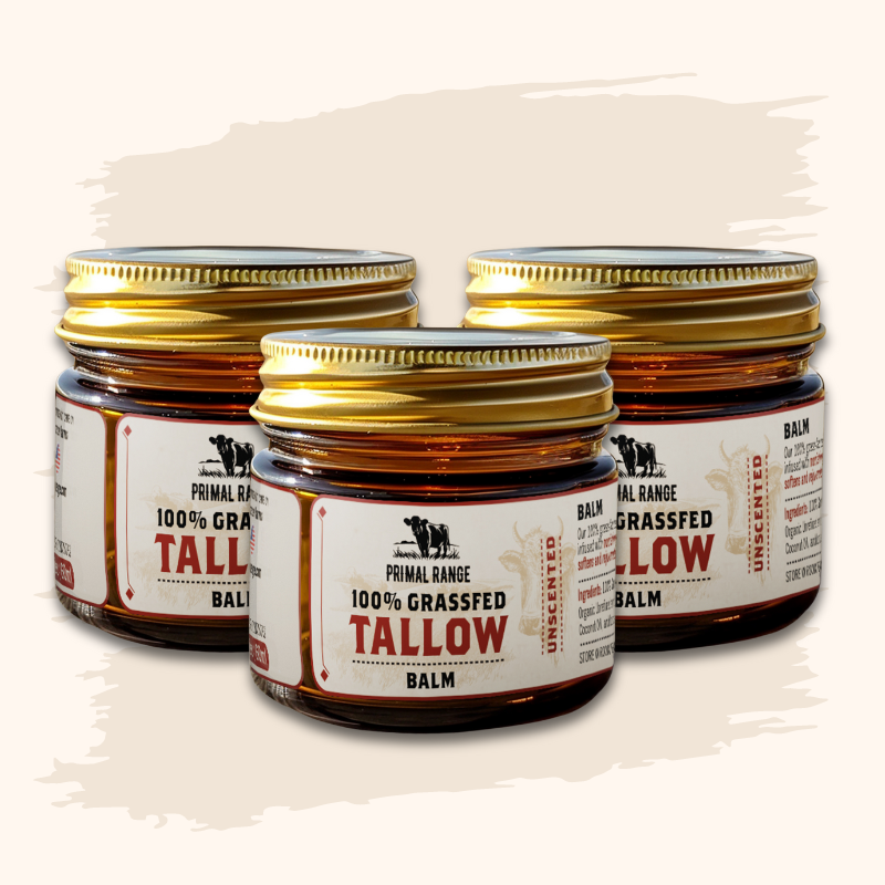 Three jars of Primal Range 100% Grassfed Tallow Balm with golden lids.